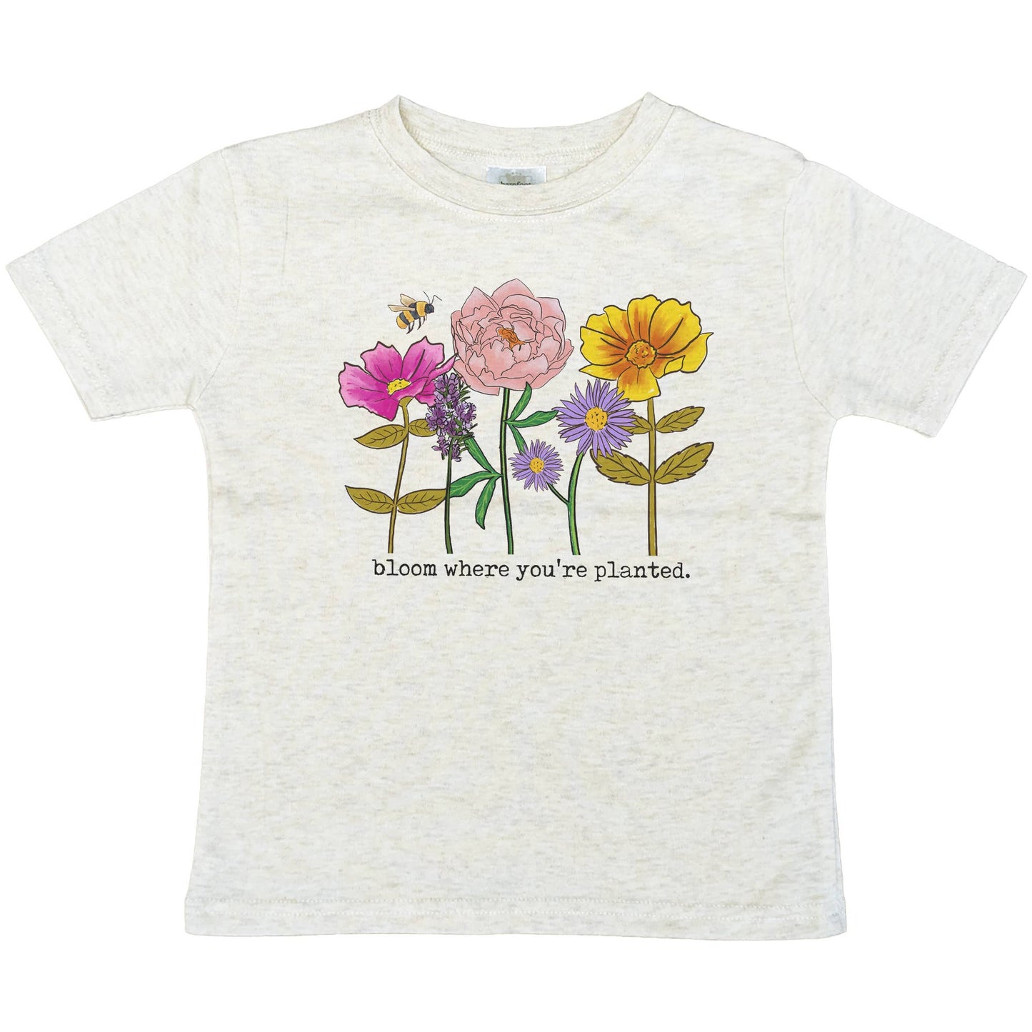 soft t-shirt with flower graphics that say bloom where you are planted