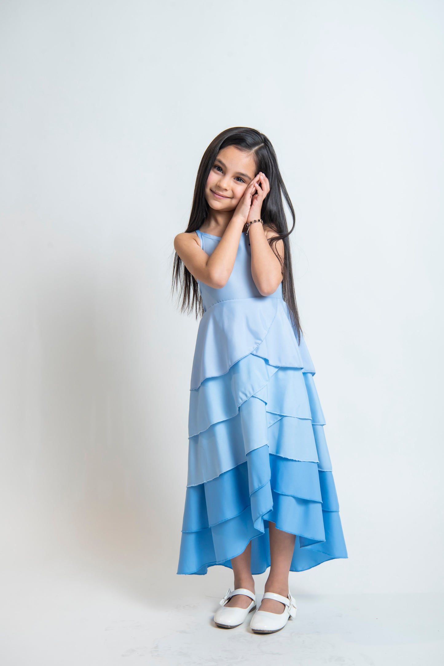 girls blue dress with tiered layers