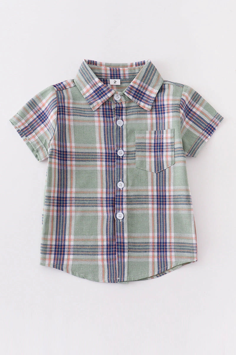 Green Plaid short sleeve down shirt
