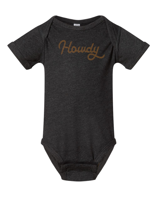 grey baby onesie with brown rope "howdy" graphic
