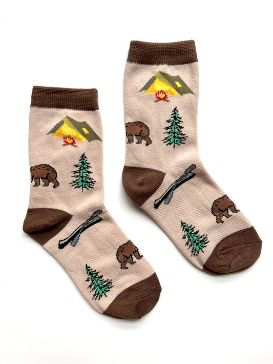 kids crew socks with tents and bears and trees on them