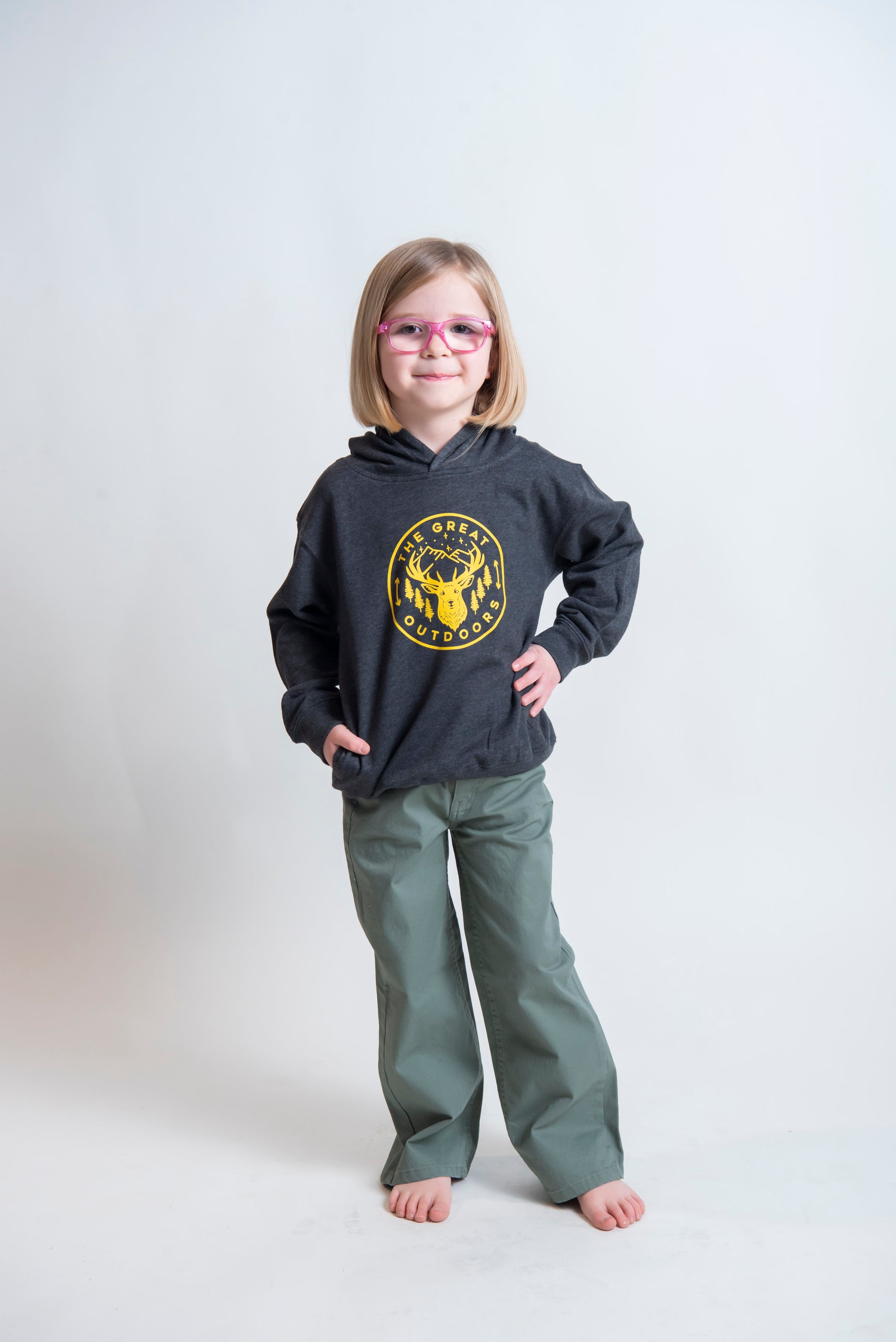 great for camping, this kids grey hoodie features a bold yellow graphic of an elk
