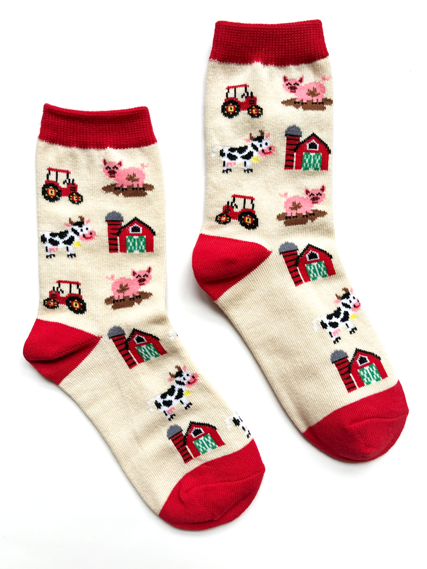 fun socks for kids with farm animals and red barns and tractors