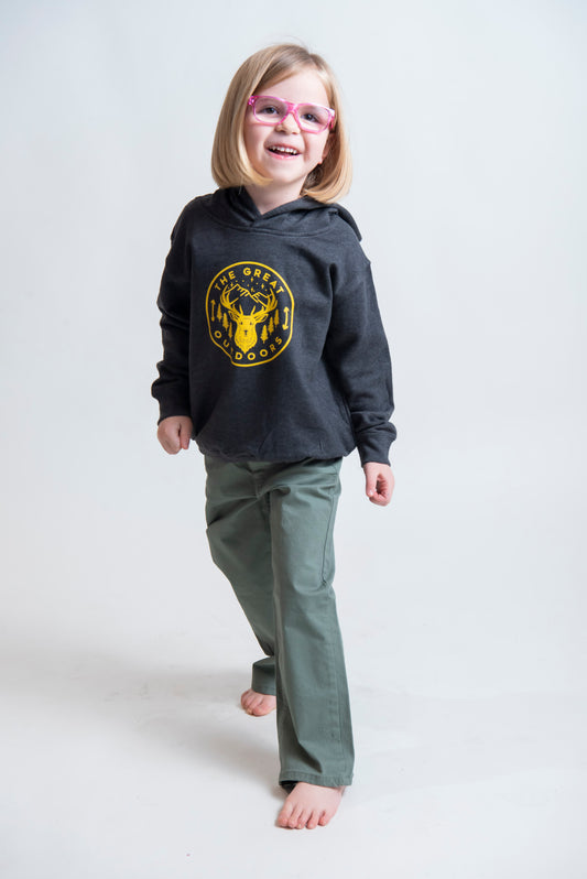 kids dark grey hoodie with yellow elk graphic