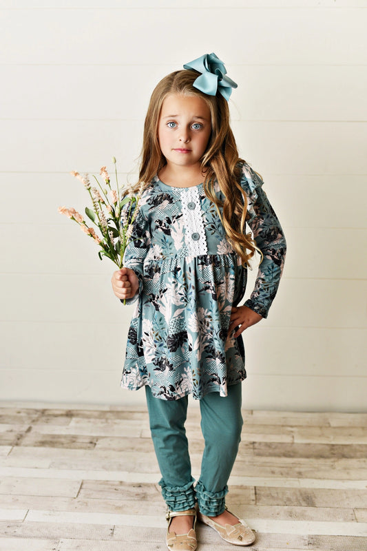 Sage Green Floral Tunic and Leggings 2 pc