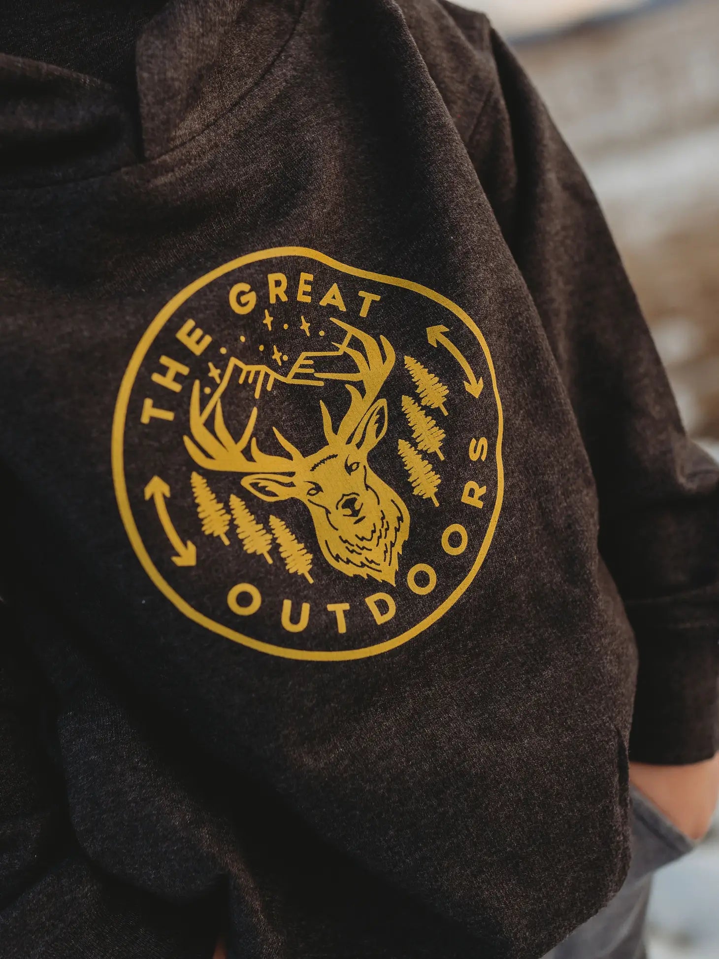 graphic on kids sweatshirt that shows elk and mountains and night sky