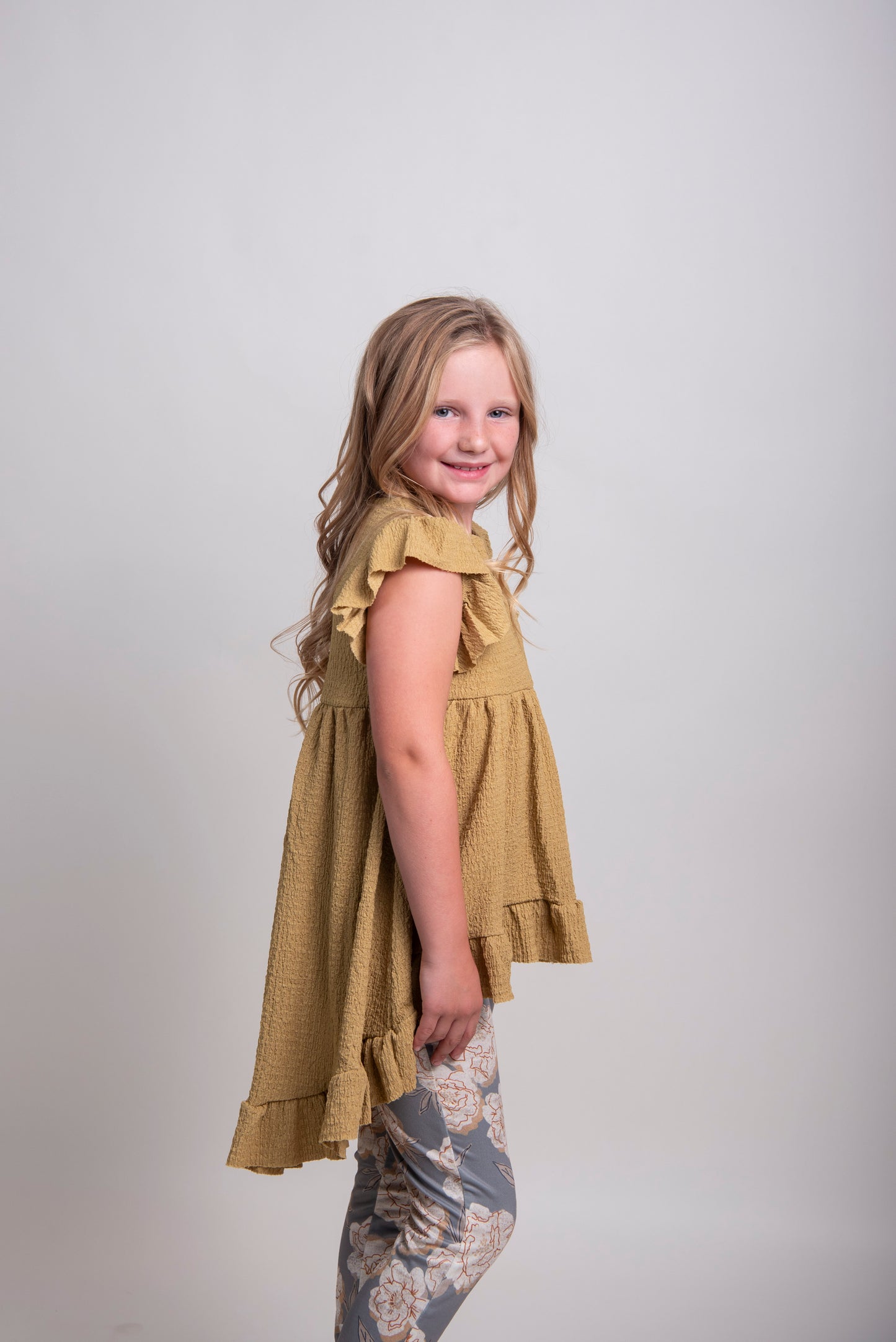 tween girl yellow lightweight dress shirt with ruffle edges