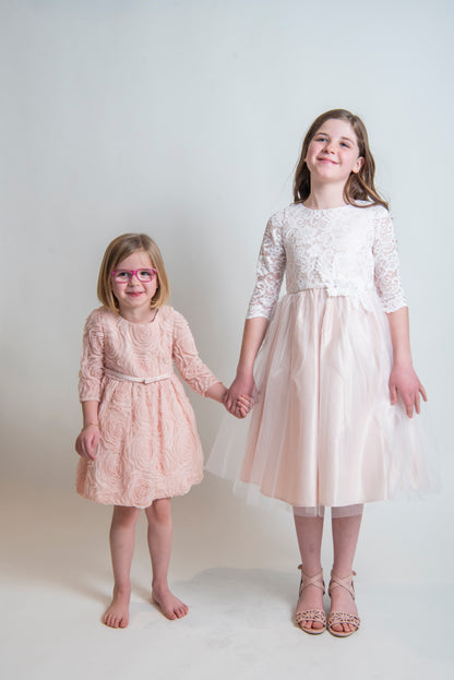 Child - 3/4 Sleeve Rosette Mesh with Satin Dress