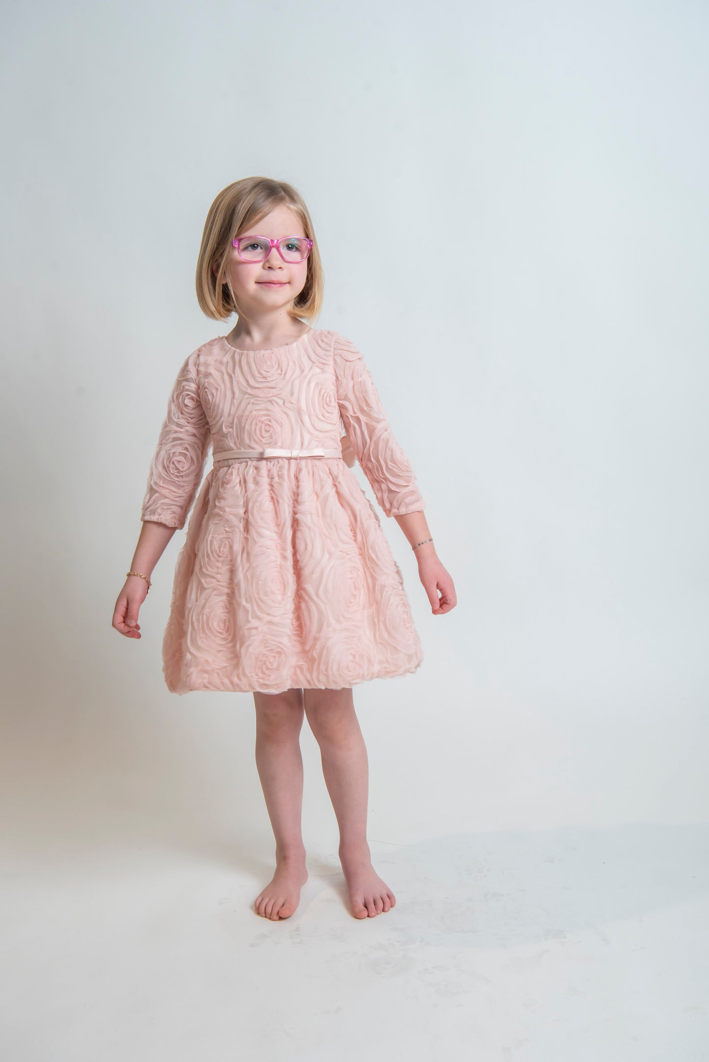 Child - 3/4 Sleeve Rosette Mesh with Satin Dress