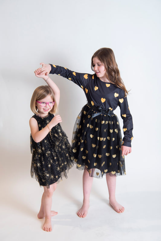 Black Long Sleeve Dress with Tulle Skirt and Gold Glitter hearts