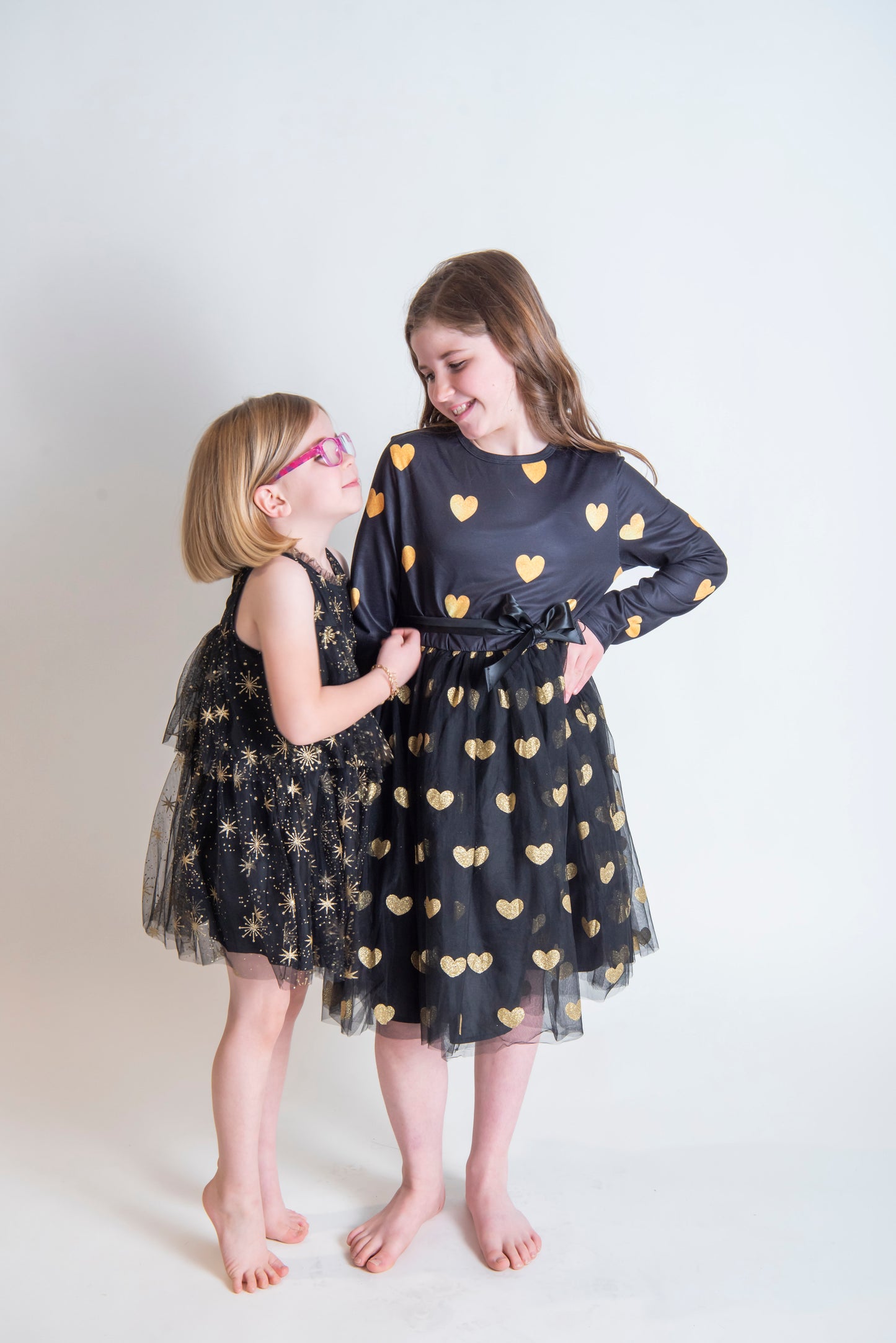 Black Long Sleeve Dress with Tulle Skirt and Gold Glitter hearts