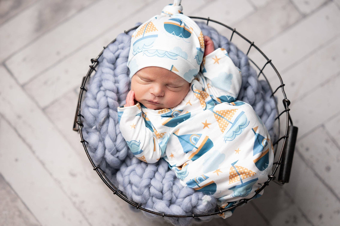 Infant Unisex Blue Sail Boat Baby Gown and Hat Set