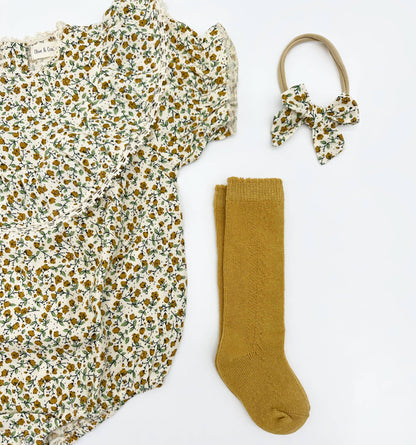Maisie Mustard Floral Romper: Romper 2pc + socks