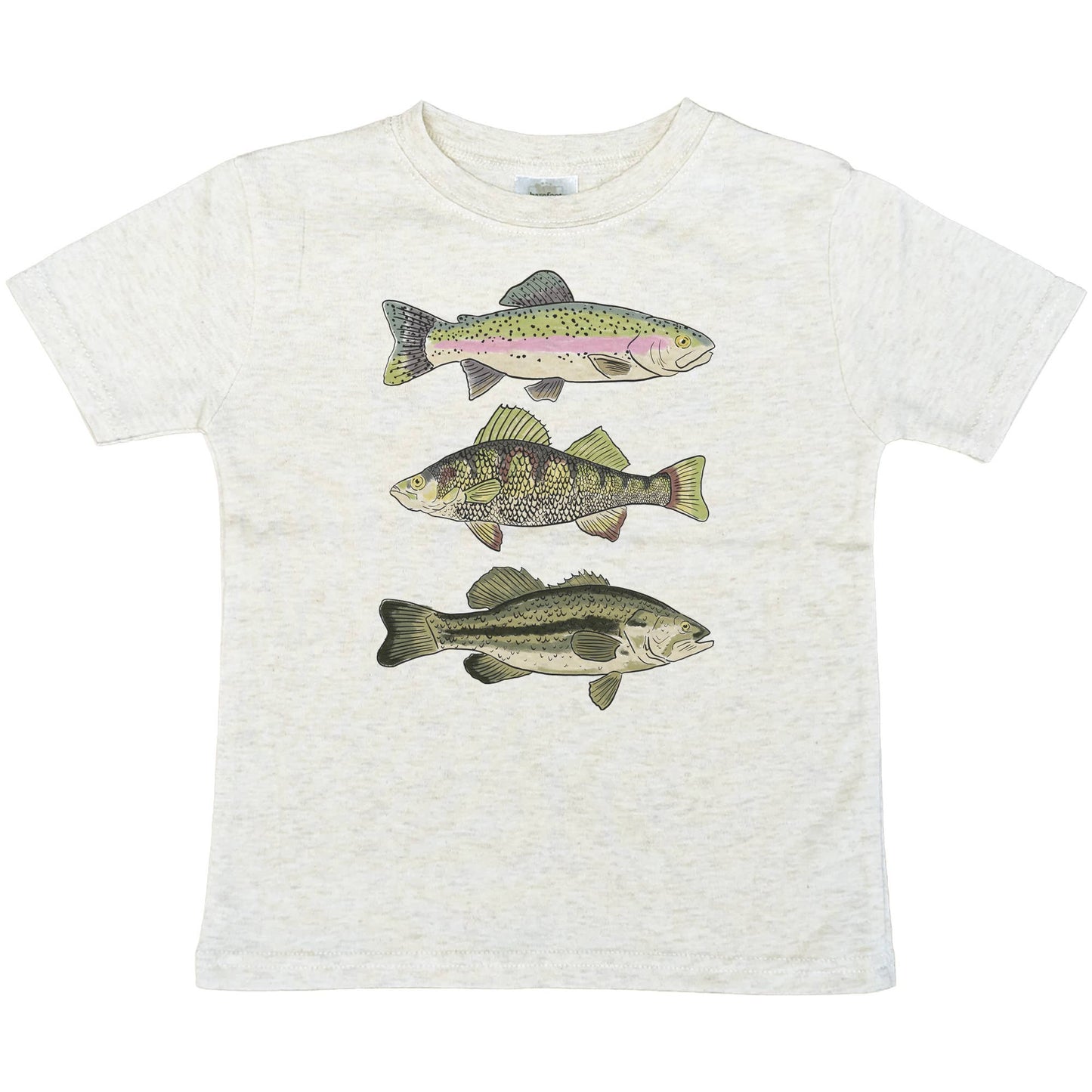 White t-shirt with fish illustrations on a white background