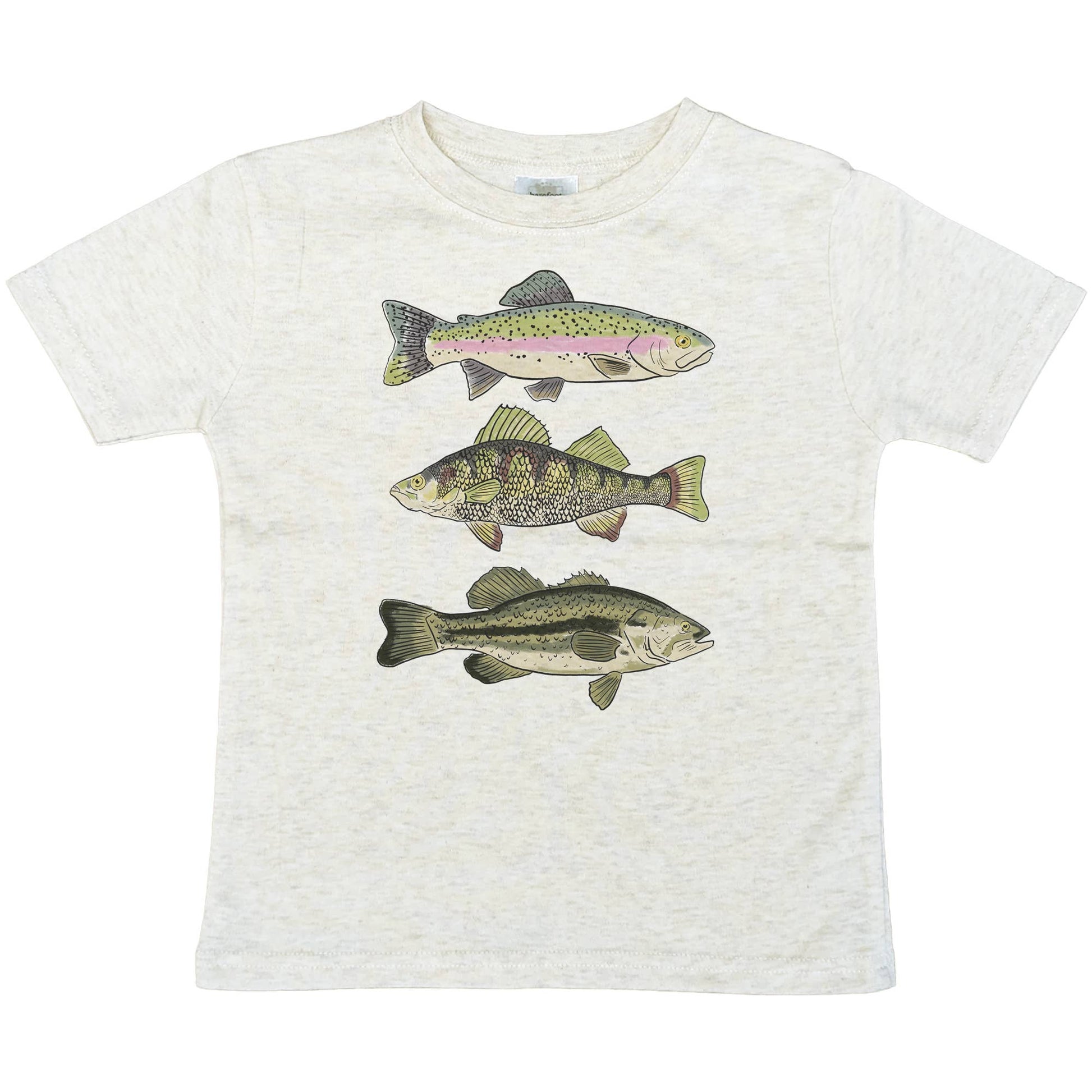 White t-shirt with fish illustrations on a white background
