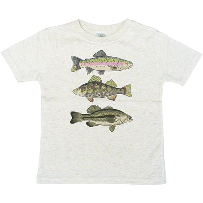 White t-shirt with fish illustrations on a white background