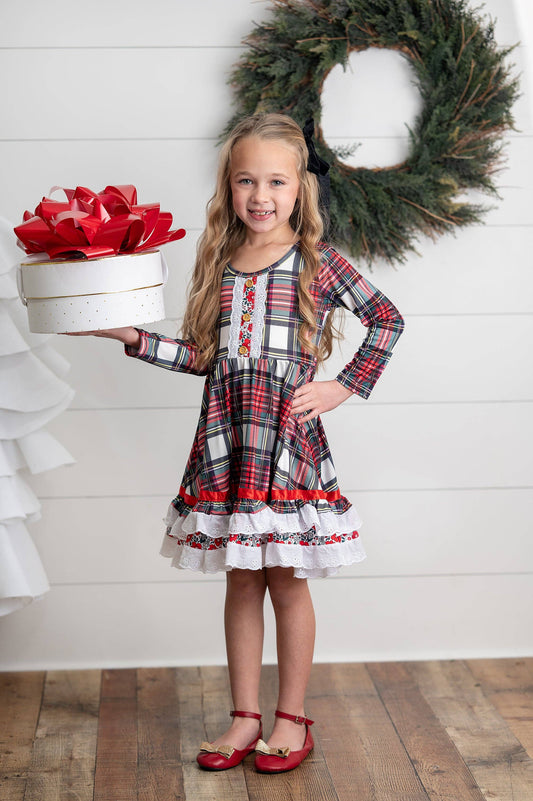Christmas Plaid Lace Ruffle Dress