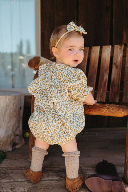 Maisie Mustard Floral Romper: Romper 2pc + socks