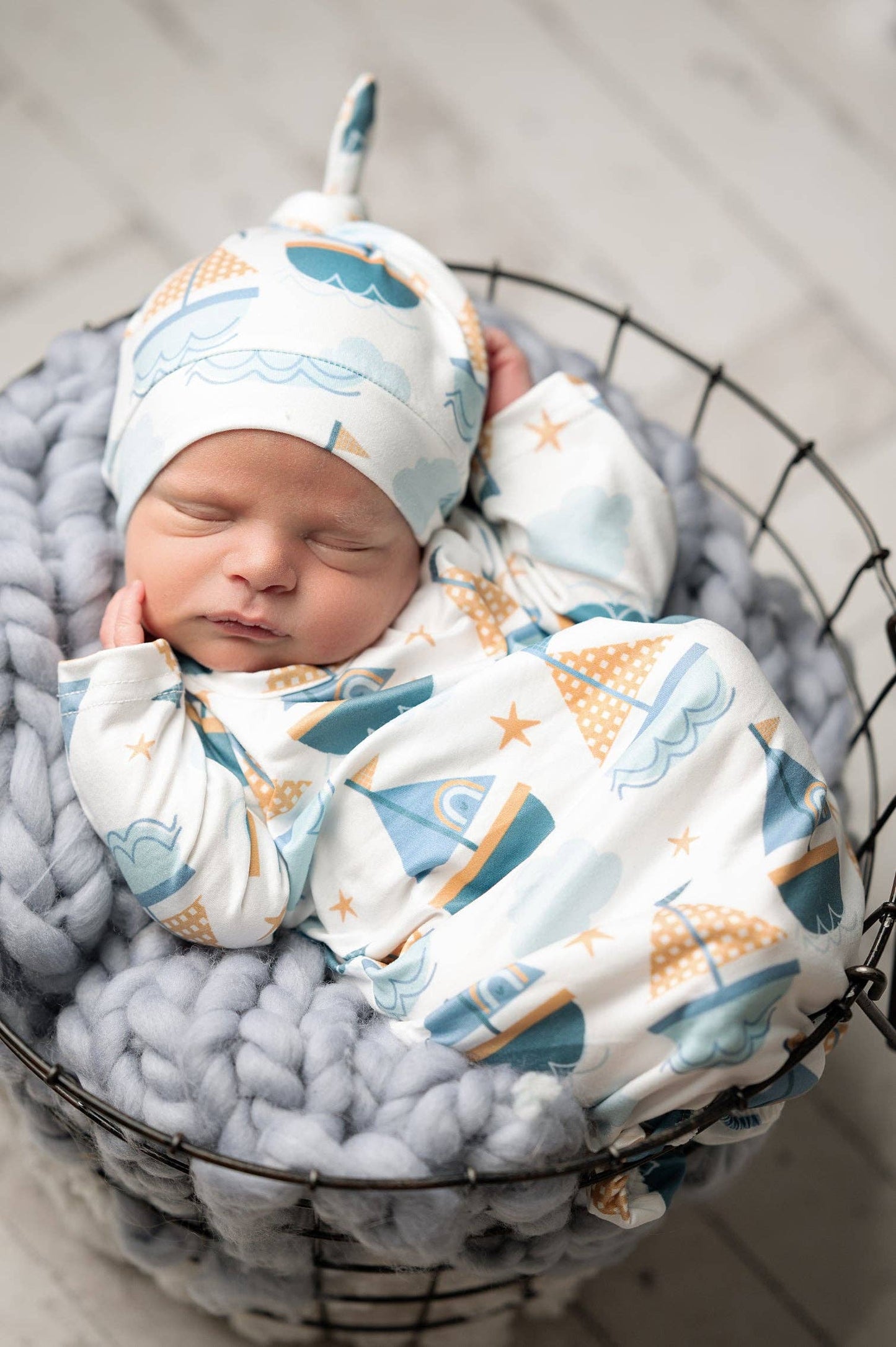 Infant Unisex Blue Sail Boat Baby Gown and Hat Set