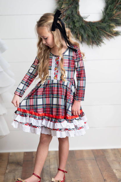 Christmas Plaid Lace Ruffle Dress
