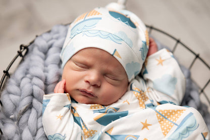 Infant Unisex Blue Sail Boat Baby Gown and Hat Set