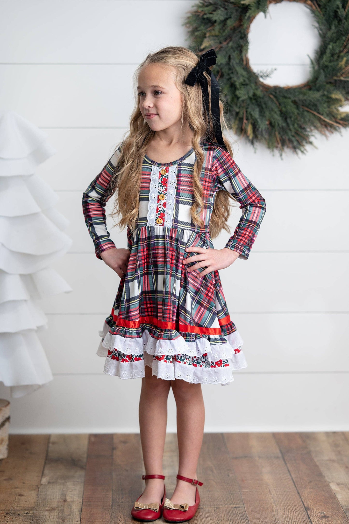 Christmas Plaid Lace Ruffle Dress