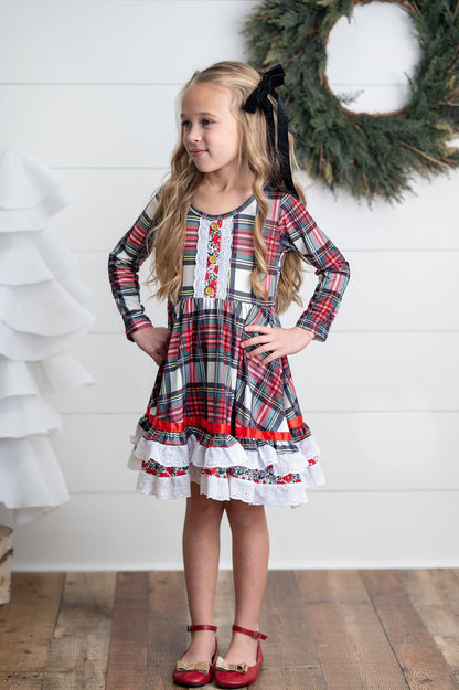 Christmas Plaid Lace Ruffle Dress