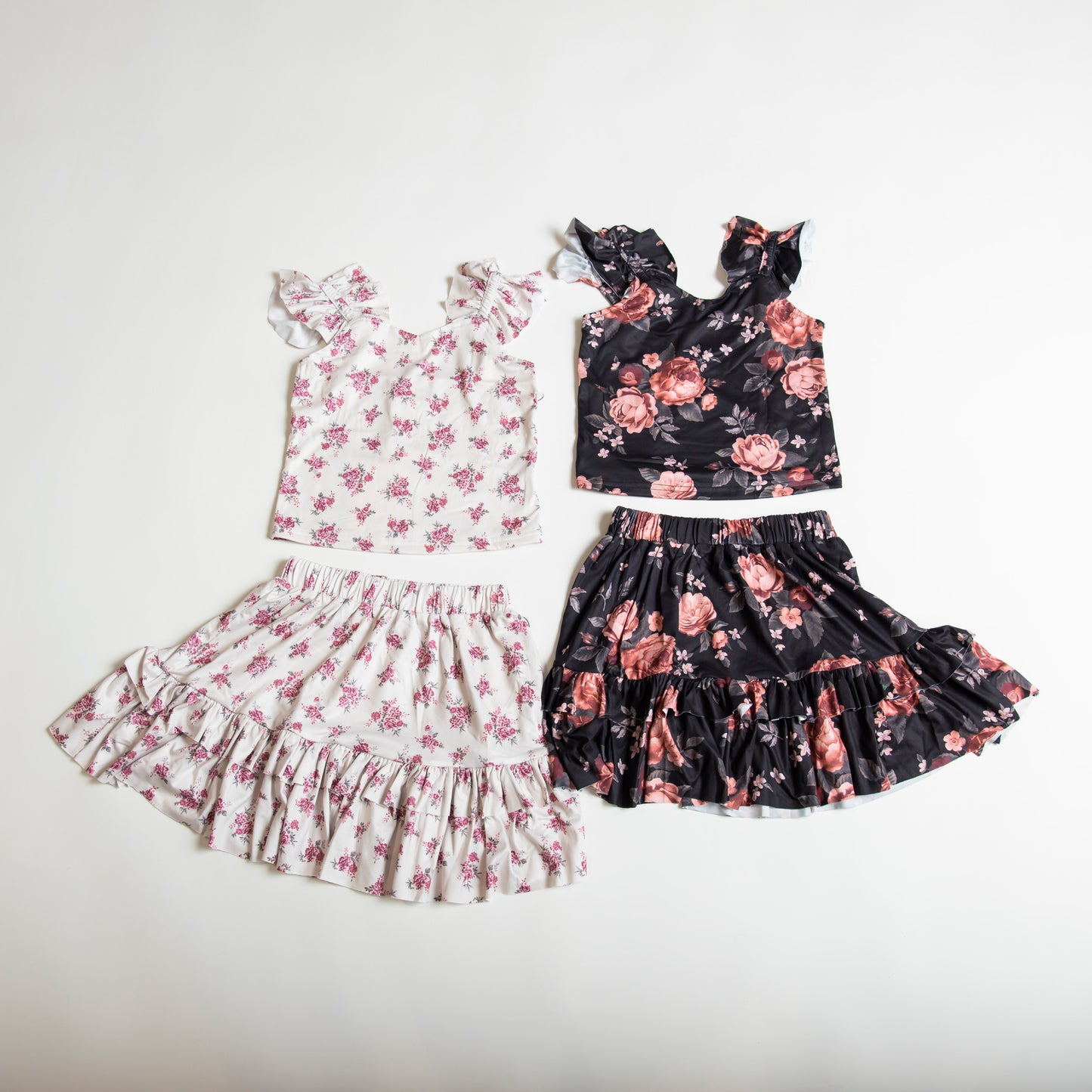 tween girl white and black floral ruffle skirt set