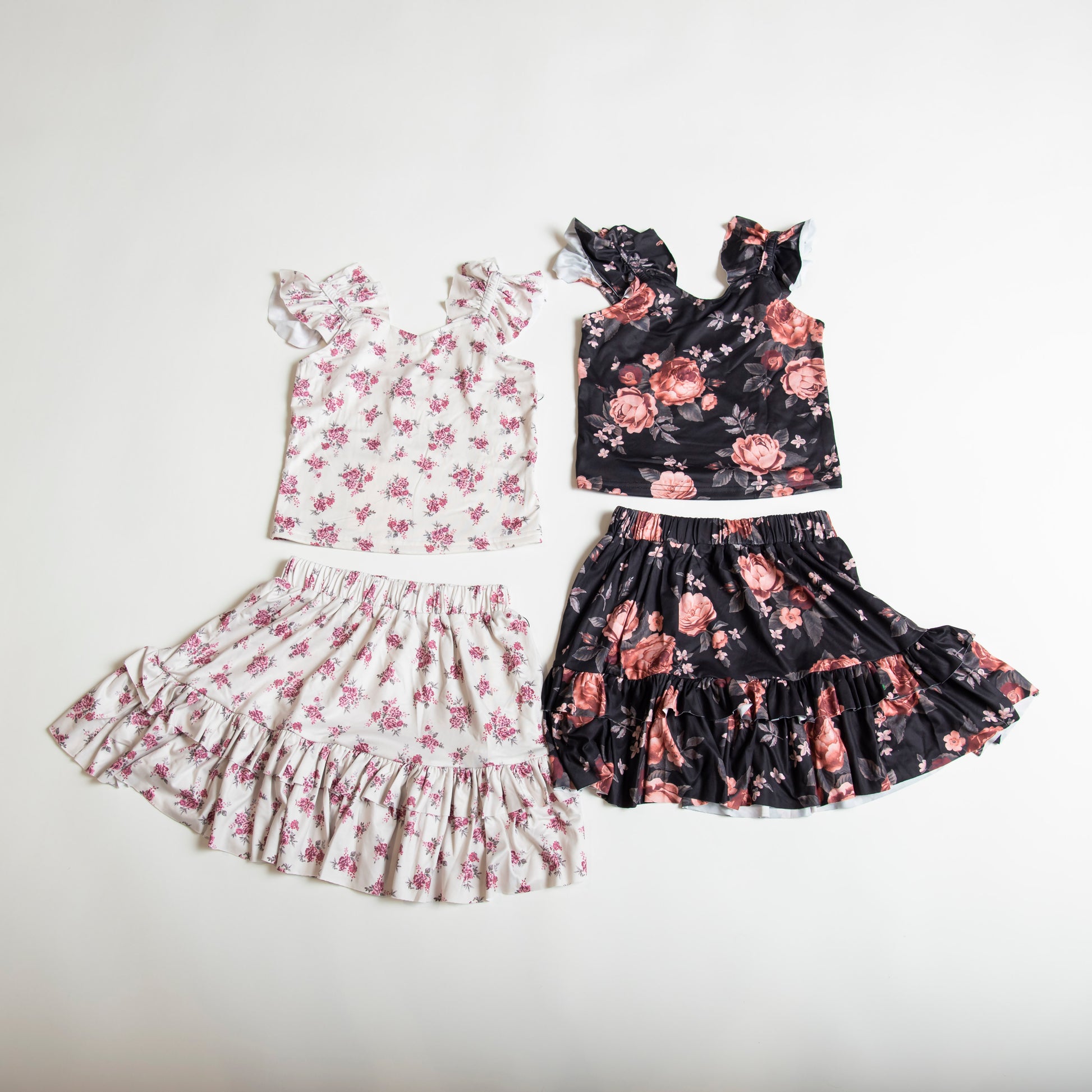 tween girl white and black floral ruffle skirt set