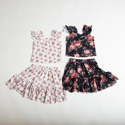 tween girl white and black floral ruffle skirt set