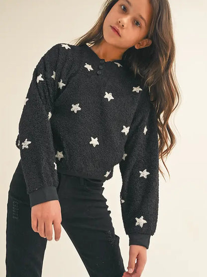 tween girl fuzzy black long sleeve sweatshirt with stars