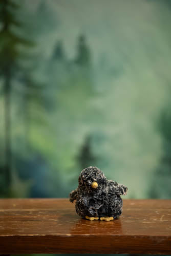 Small knitted penguin toy on a wooden surface with a blurred green background