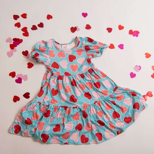 Blue Dress with Red and Pink hearts