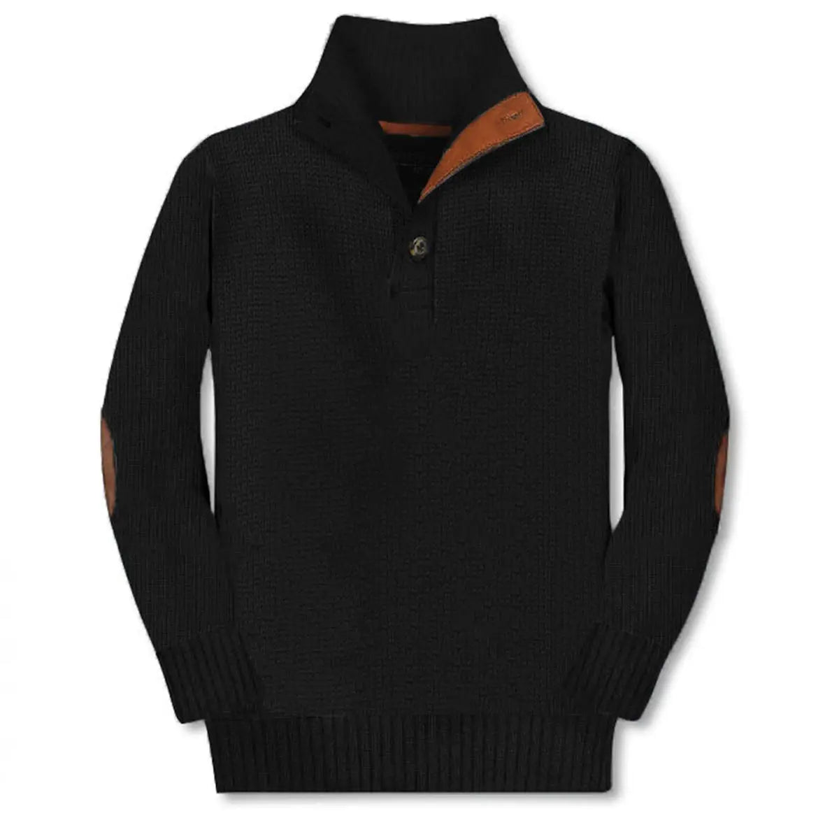 boys black button collar sweater with brown elbow pads and collar detail