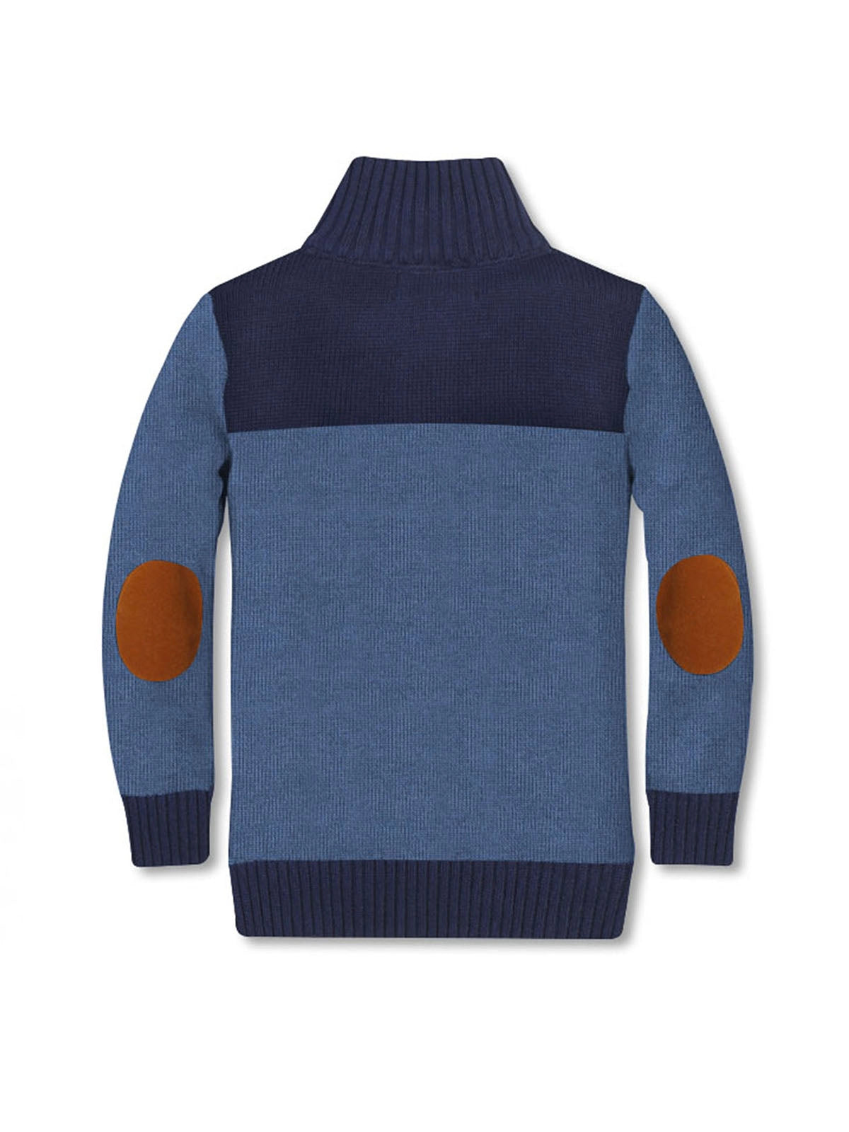 tween boys two tone blue warm sweater with brown elbow pads