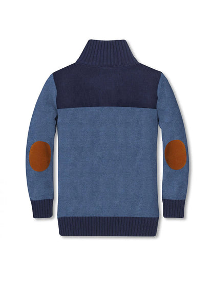 tween boys two tone blue warm sweater with brown elbow pads