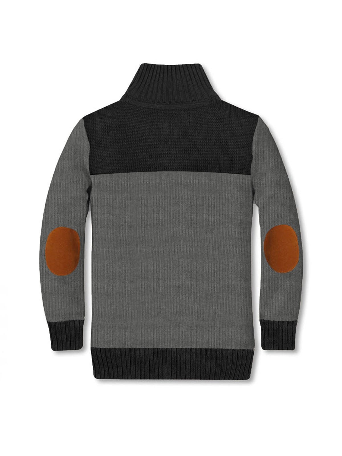 back of boys black and grey sweater with elbow pads