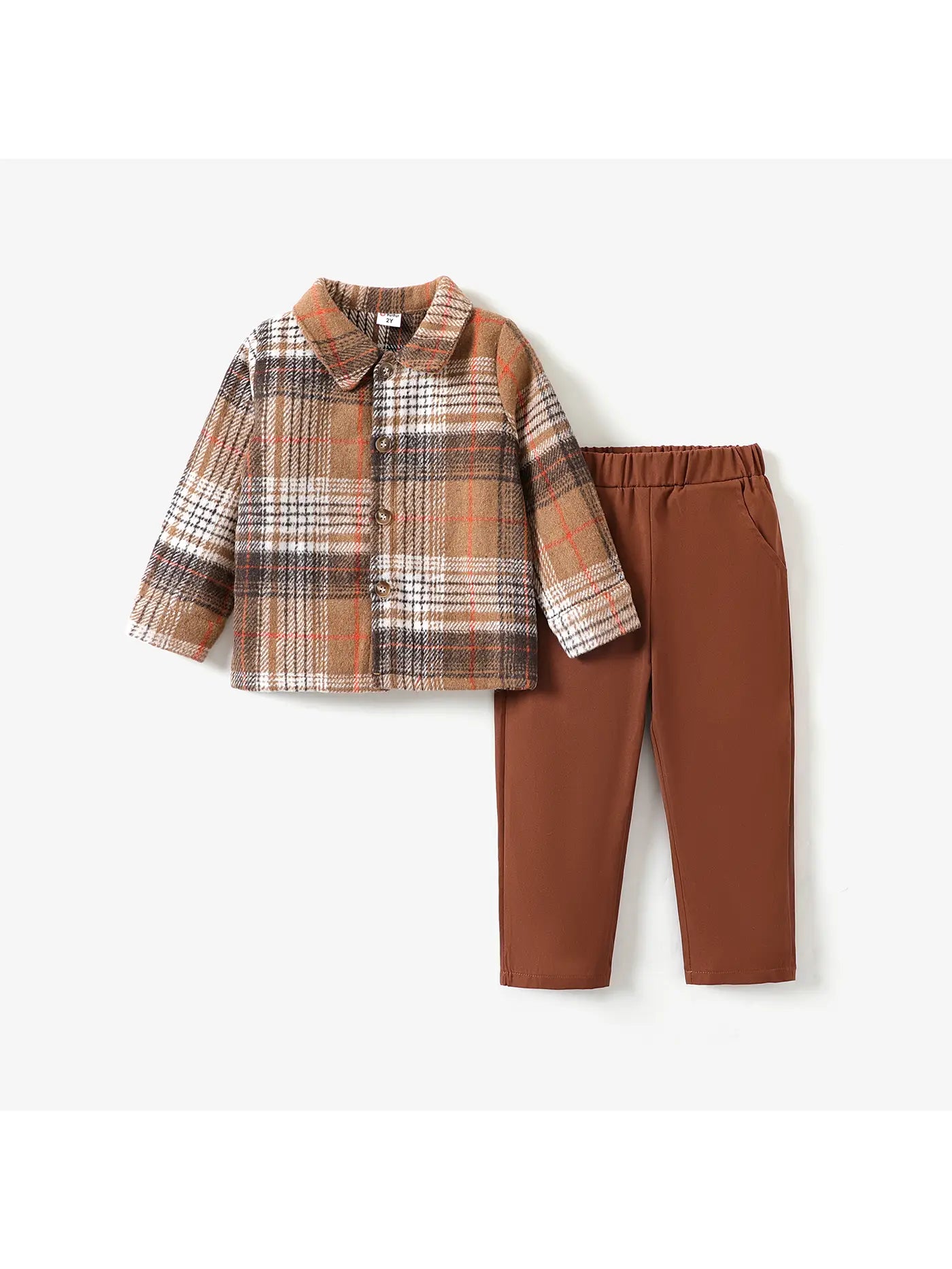 brown plaid thick flannel button up shirt with lightweight brown pants with pockets and elastic waist