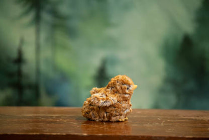 Small brown figurine on a wooden surface with a blurred green forest background