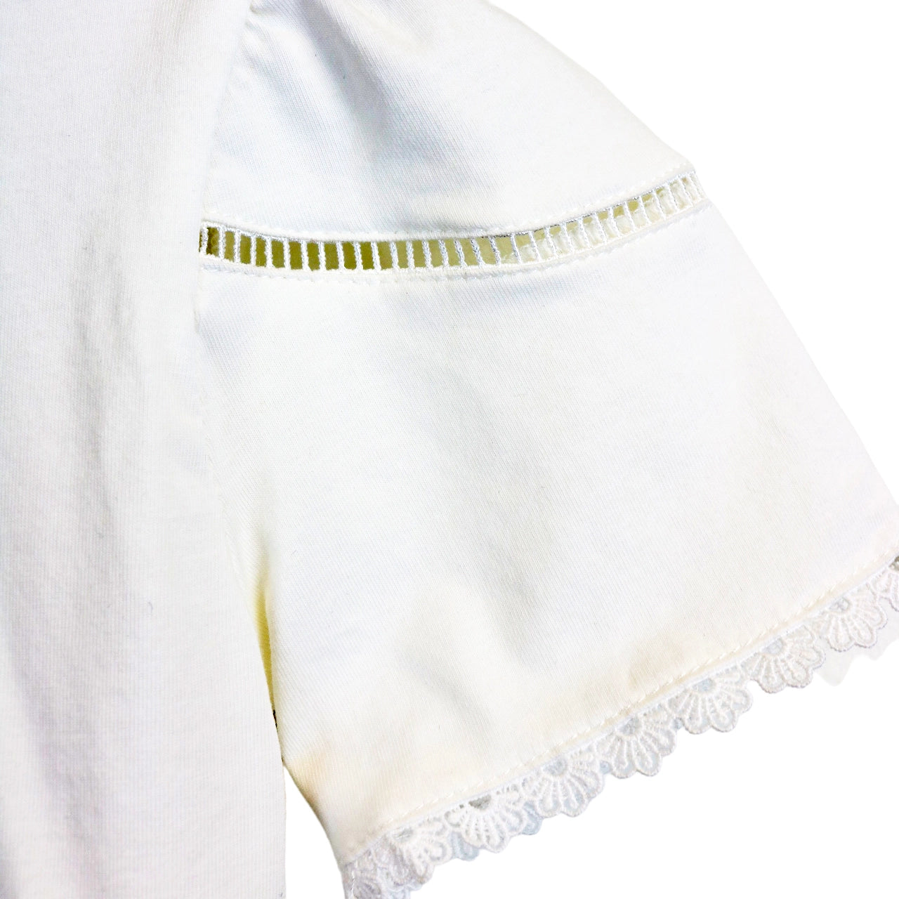 girls shirt with peek-a-boo sleeves and scalloped lace sleeves