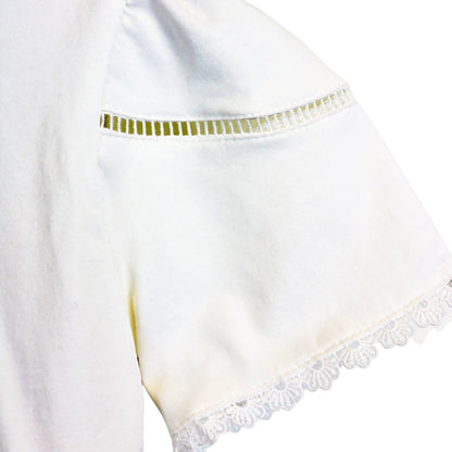 girls shirt with peek-a-boo sleeves and scalloped lace sleeves