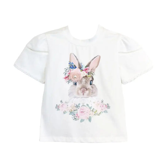 girls dress shirt with bunny and delicate sleeves with rhinestone and pear accents