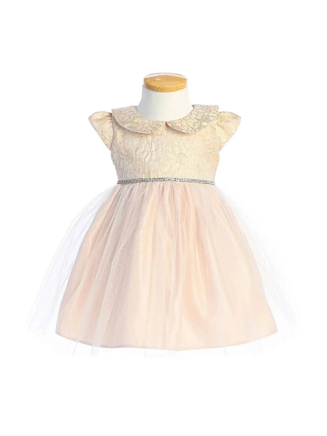 light pink baby girls jacquard dress with satin and tulle skirt with rhinestone accented waist line