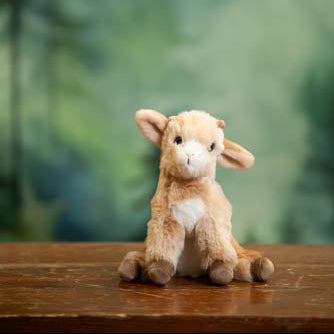 Plush toy lamb on a wooden surface with a blurred green forest background