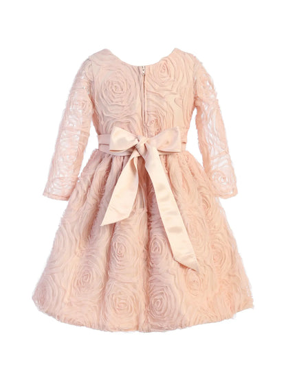 Child - 3/4 Sleeve Rosette Mesh with Satin Dress
