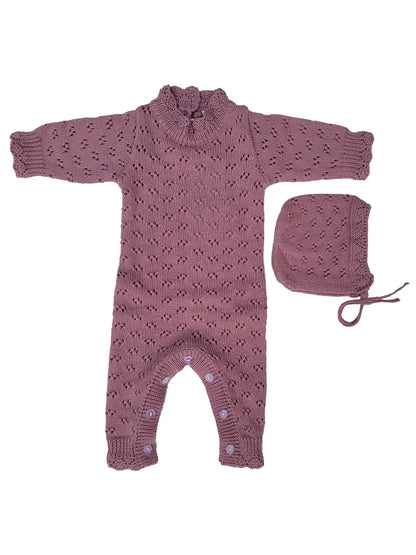 baby girl purple knit one piece outfit with bonnet