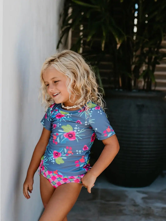 two piece tankini with short sleeves grey with pink flowers