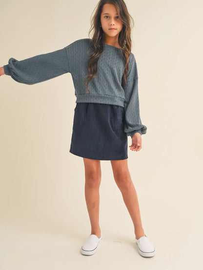 girls grey blue casual balloon sleeve shirt