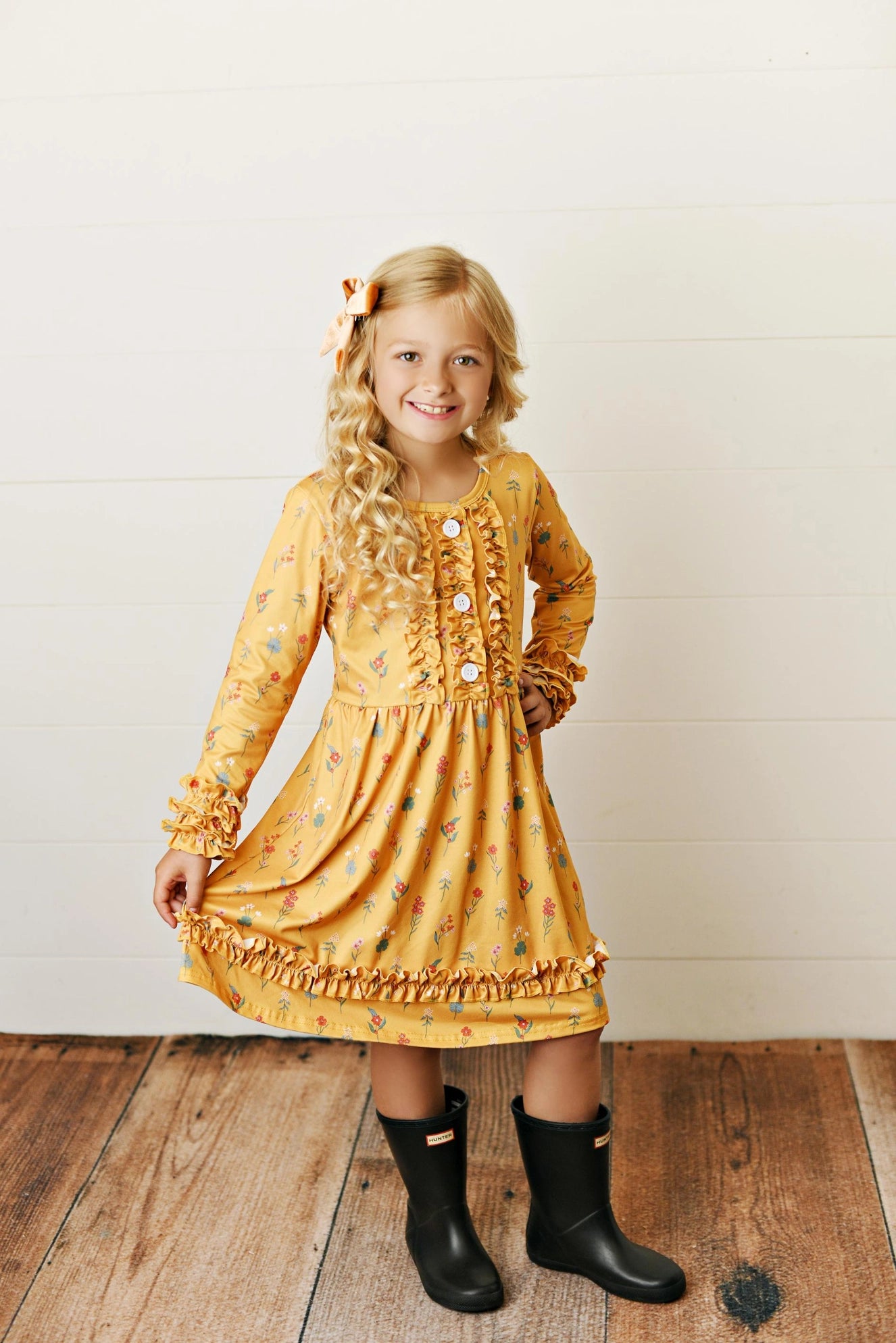 girls long sleeve yellow ruffle dress
