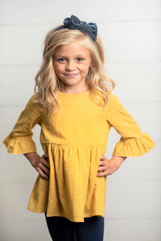 girls yellow cotton shirt with ruffle half sleeves